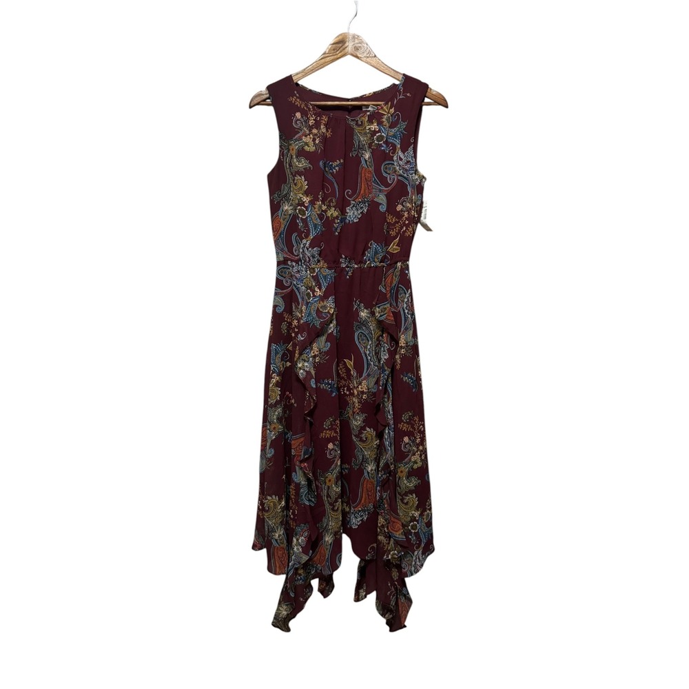 Westport Paisley Ruffle Midi Dress Womens 4 Burgundy NWT Handkerchief Hem